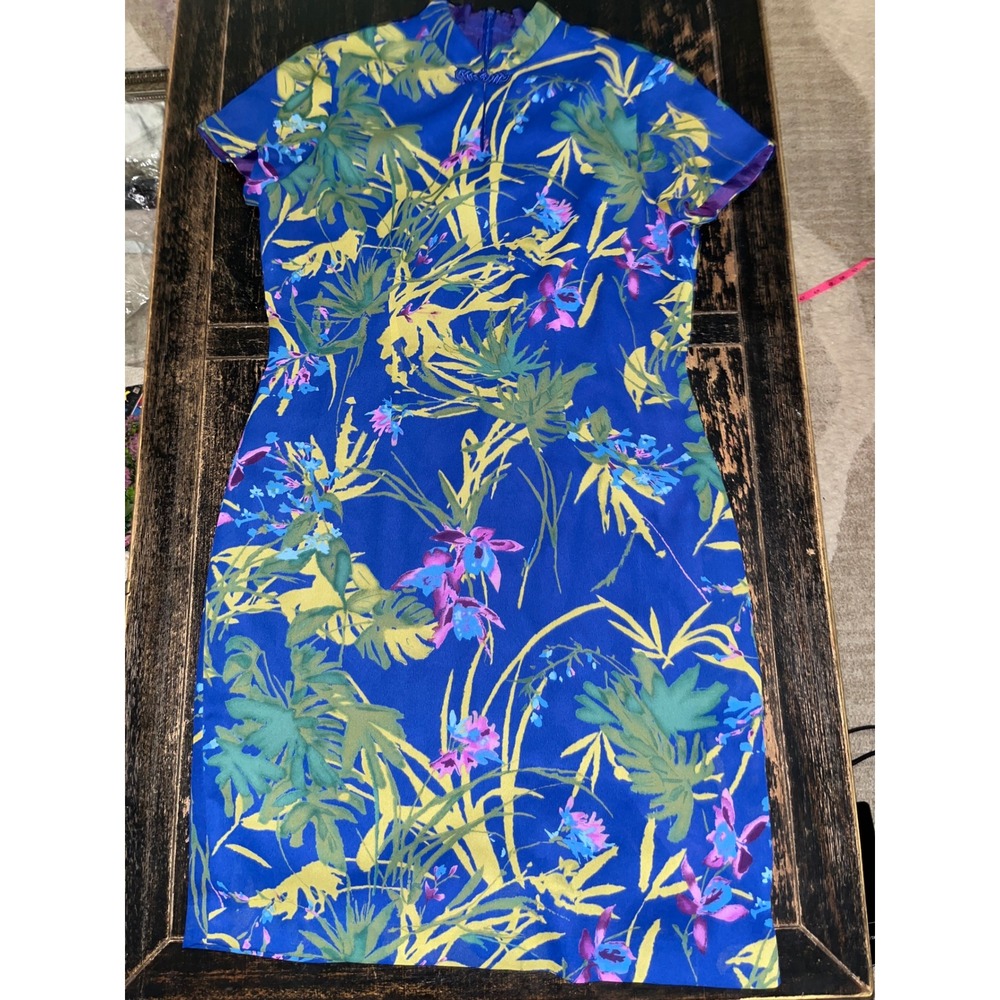 David Warren Petites Blue Tropical Floral Mandarin CollarDress 10P vintage